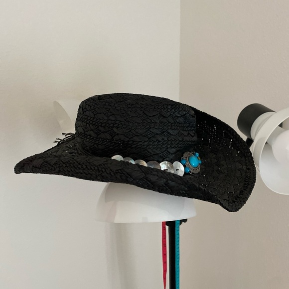 Conner Hats Black Raffia Cowboy Hat Turquoise Concho Band Women’s main image 4